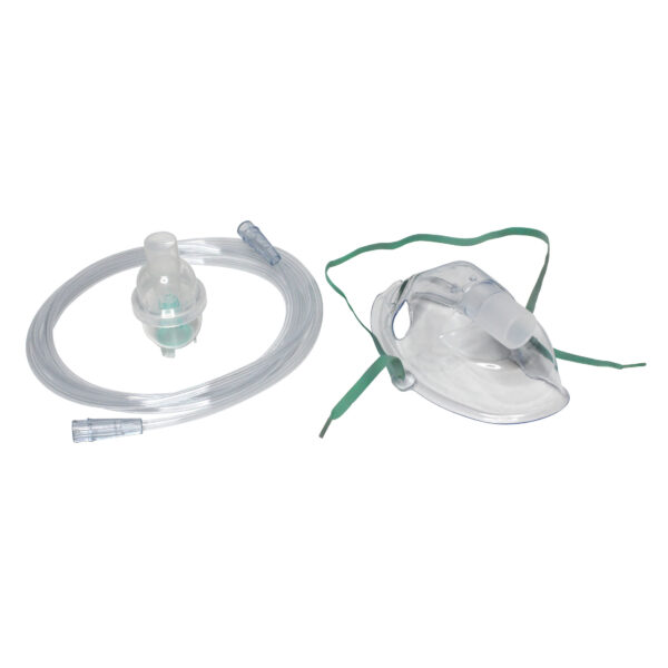 RES090 Sunset Disposable Nebulizer Kit with Adult Mask view of disassembled tube, medicine cup, and mask.