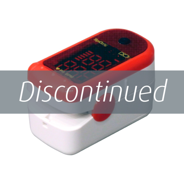 Photograph of RES5100 finger pulse oximeter with Discontinued overlaying image