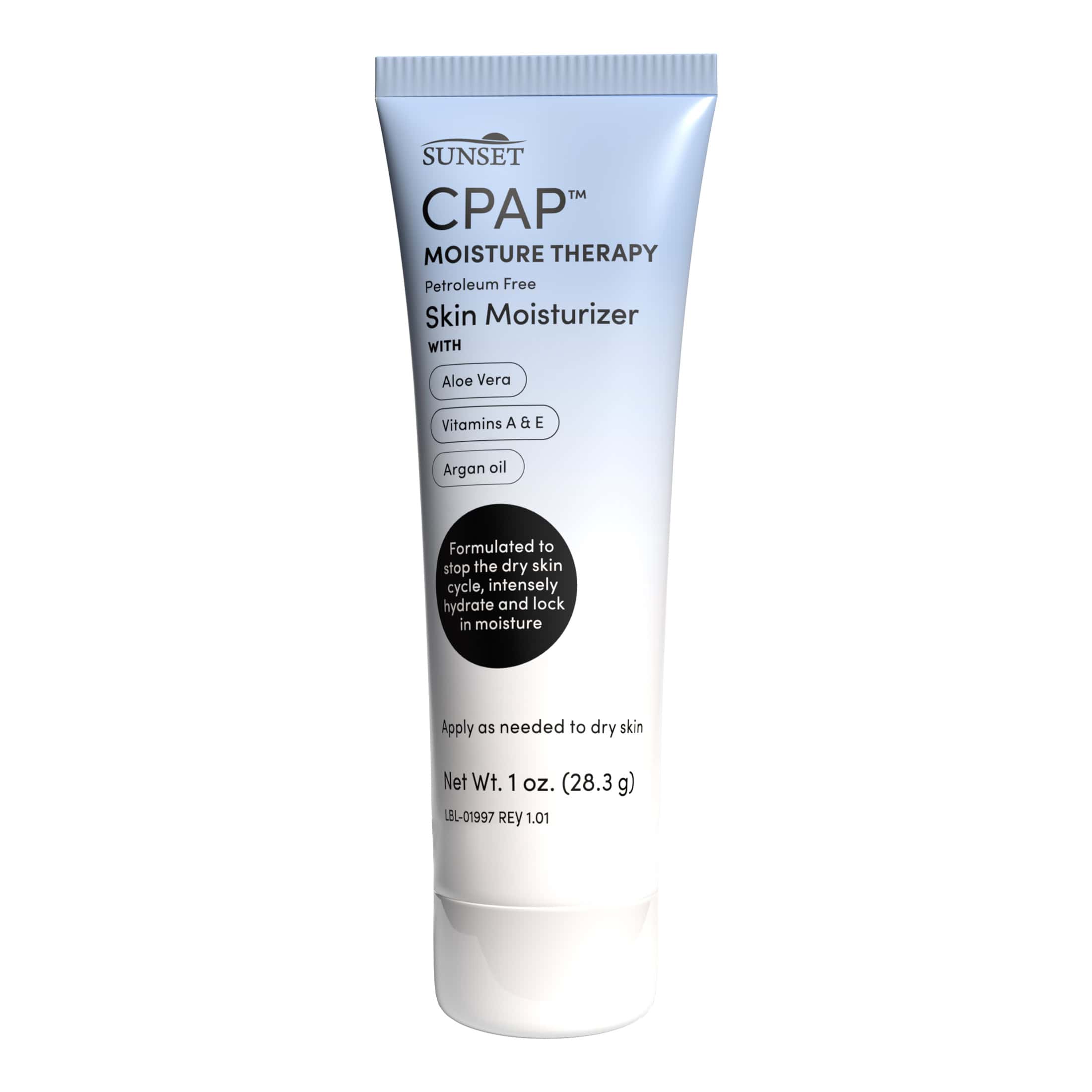 CAP6100L CPAP Moisture Therapy in a 1-ounce tube. It is a petroleum-free skin moisturizer for CPAP users wit aloe vera, vitamins A and E, and argan oil. It is formulated to stop the dry skin cycle, intensely hydrate and lock in moisture.