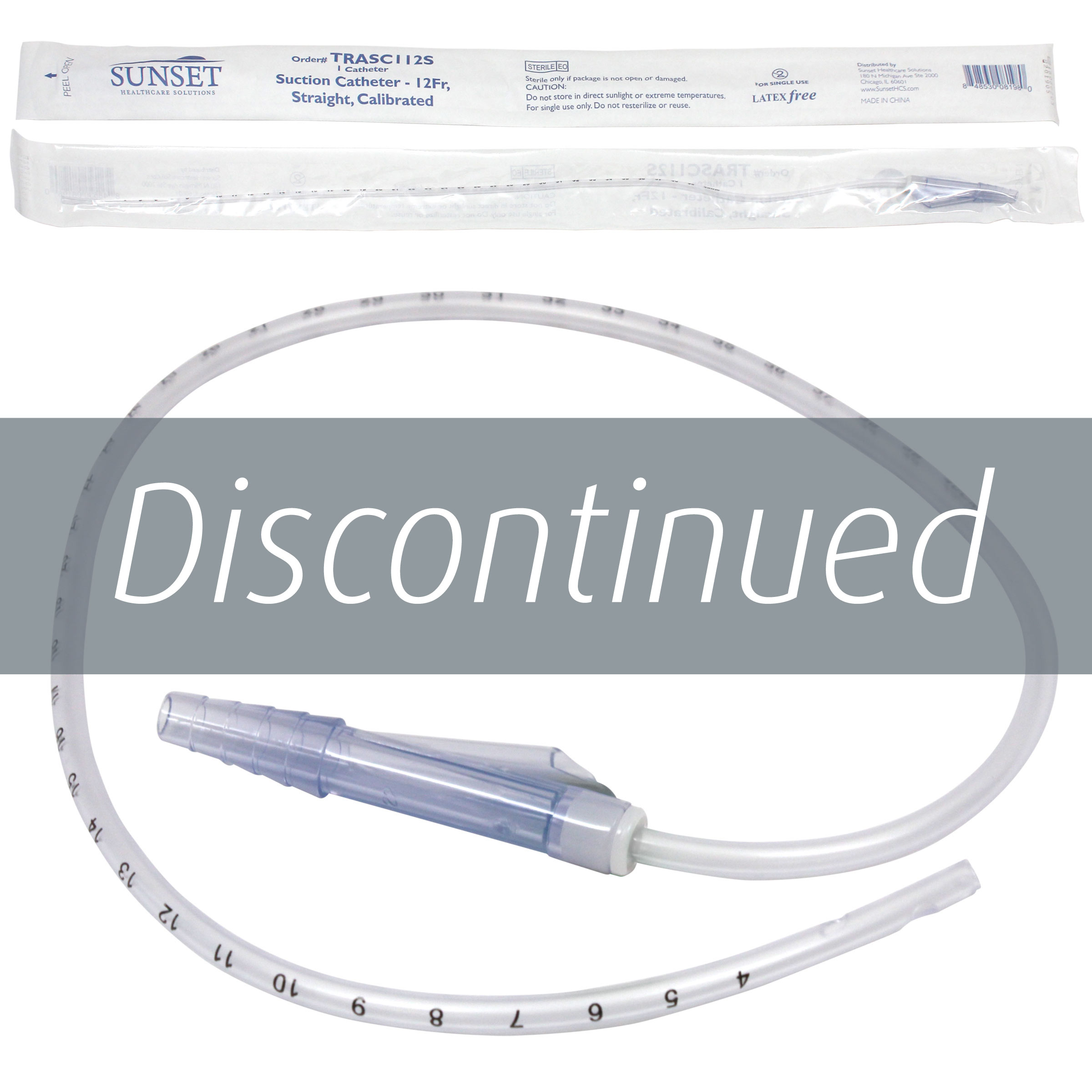 Catheters – Straight, Calibrated, Directional Y-Valve, Whistle Tip with "Discontinued" overlay