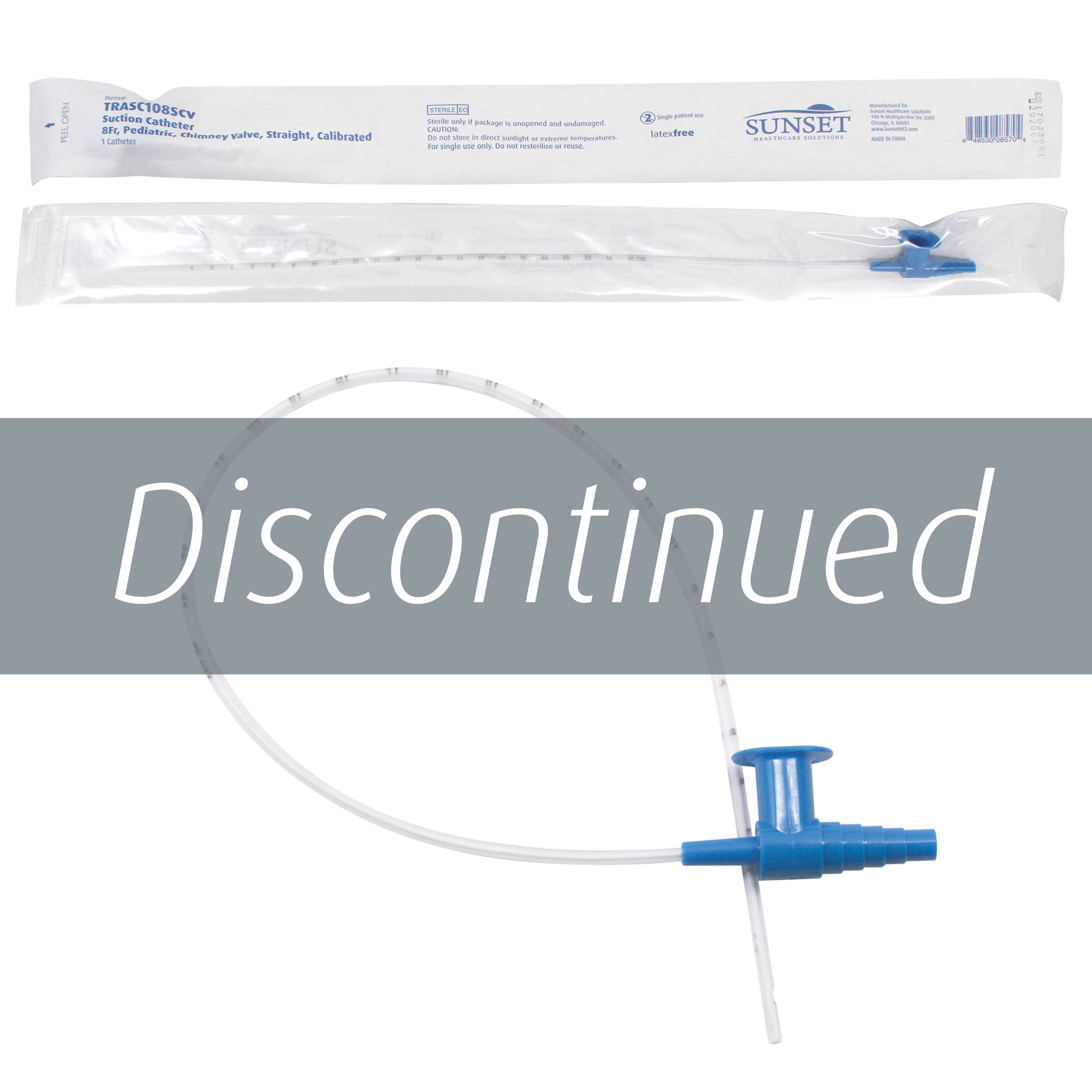 Catheters – Straight, Calibrated, Chimney Valve photo with "Discontinued" overlay