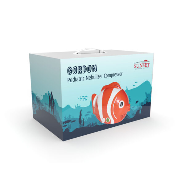 Image of NEB300FISH retail box with the text "Gordon - Pediatric Nebulizer Compressor"