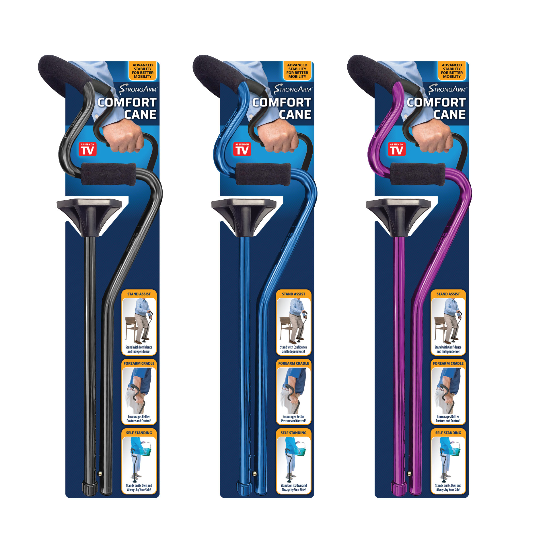 Photograph of 3 strongarm canes in retail box packaging