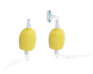 diagram of two inflated anesthesia inhaler balloons attached to oxygen tubes. the balloon on the right has a mouthpiece attachment.