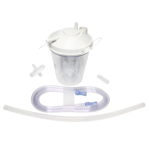 Photograph of RES026S-MULTI Suction Kit, including 1 RES023AW Suction Canister 800cc, 1 RES024XL Suction Tube Connector 16in, 1 RES025 Suction Tubing 6ft x 1/4in, 1 BF516TS Bacteria Filter, 1 RES024S Suction Tube Connector 1.5in