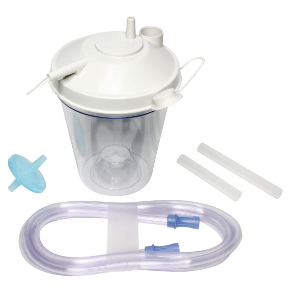 Photo of RES026S-SS Suction Kit, including 1 RES023AW Suction Canister 800cc, 1 RES024 Suction Tubing Connector 3.5in, 1 RES024M Suction Tubing Connector 4.5in, 1 BF1438 Bacteria Filter, 1 RES025 Suction Tubing 6ft x 1/4in