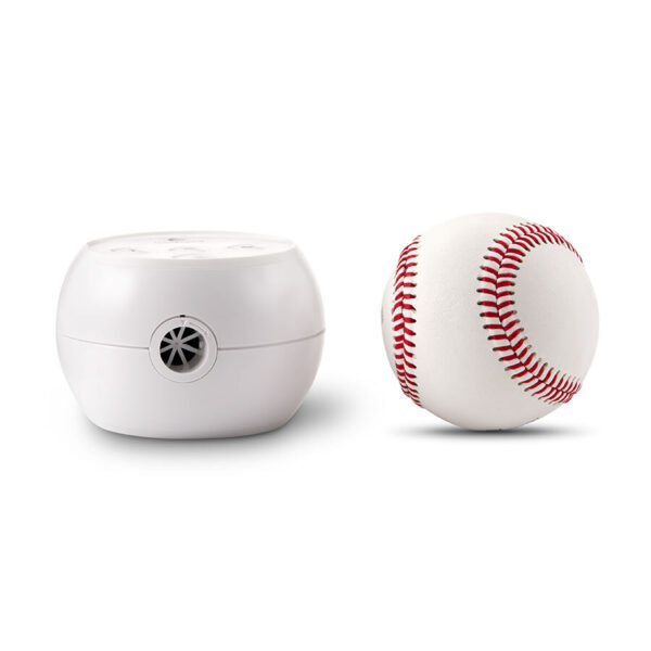 Photo of Transcend Micro™ Auto CPAP next to photo of a baseball to show size comparison