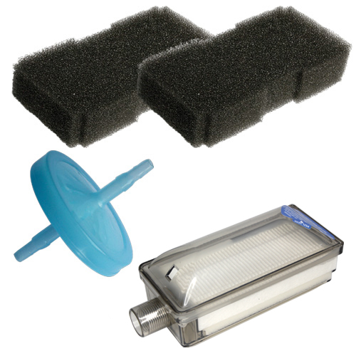 Photograph of 2 – OF11002 Foam Cabinet Filter 1 – BF316 Final Bacteria FIlter 3/16in Barbed 1 – BFH6S 6in HEPA Capsule