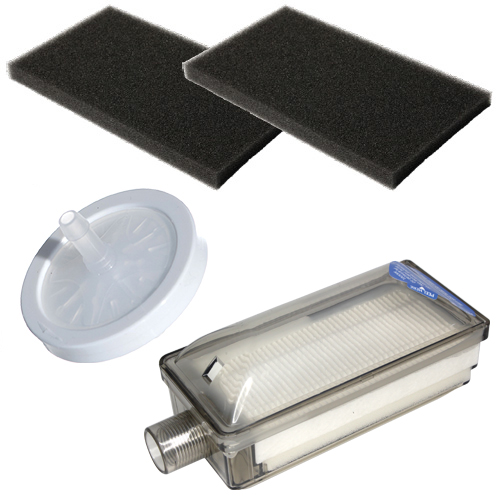 Photograph of 2 – OF9004 Foam Cabinet Filter 1 – BFH6S Hepa Filter 6in Capsule 1 – BF516 Final Bacteria Filter 5/16in Barbed