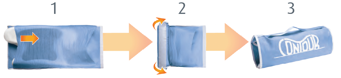 Photo series showing the steps to roll and store CAP4007 CoolPAP Pillow