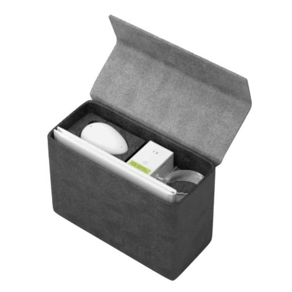 Photograph of the Smart Nora felt case (base) with the pebble, pillow insert, and tubes stored inside