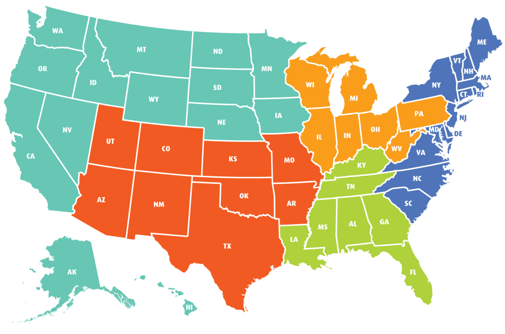 image of color-coded United States map with each state color representing coverage by an Acute Care sales rep