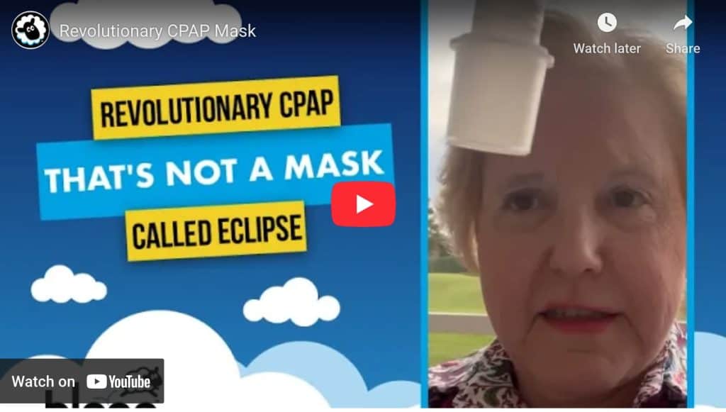 Image of a youtube video player reading "Revolutionary CPAP that's not a mask" and "Watch on YouTube"