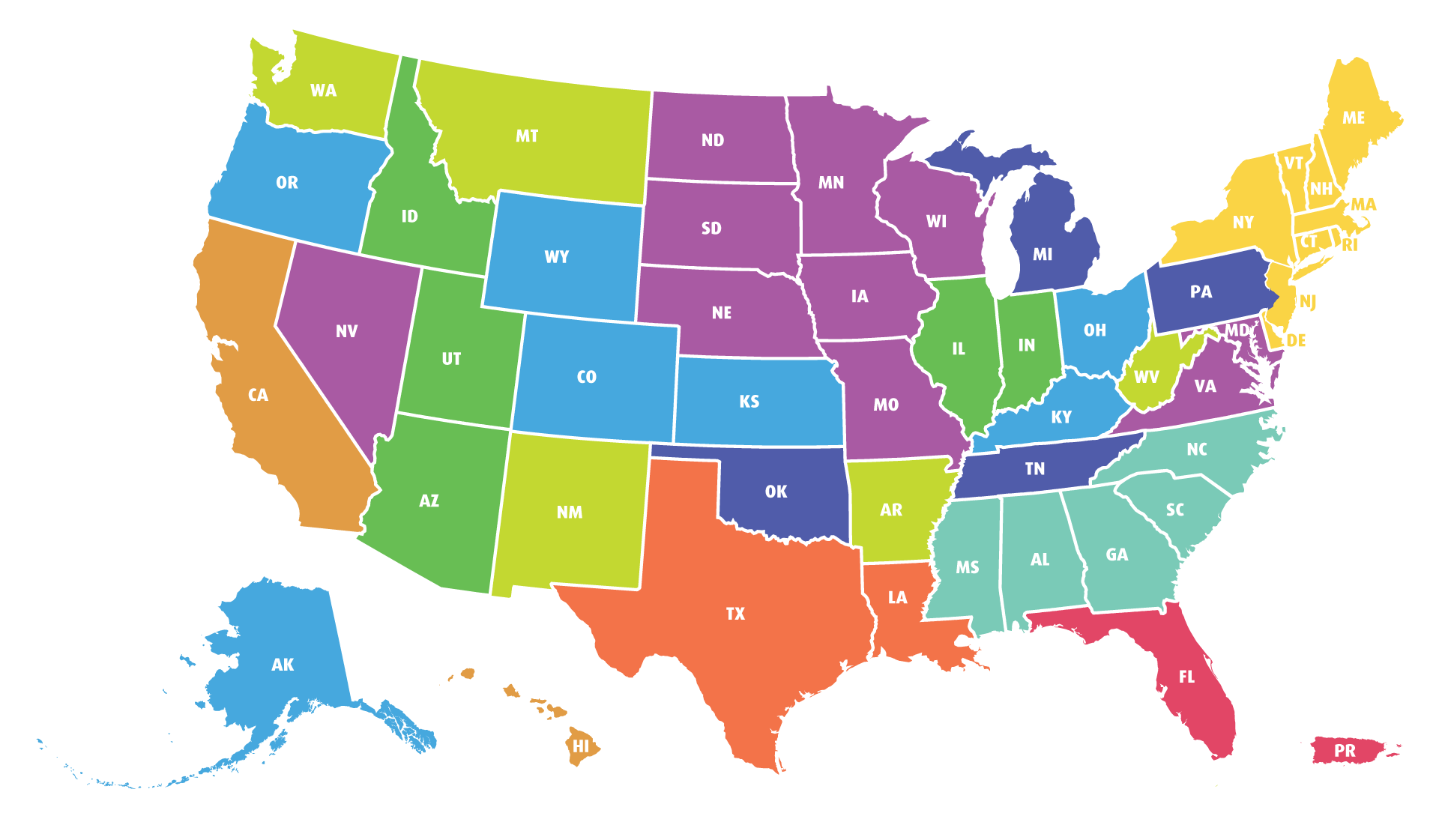 image of color-coded United States map with each state color representing coverage by a Homecare sales rep