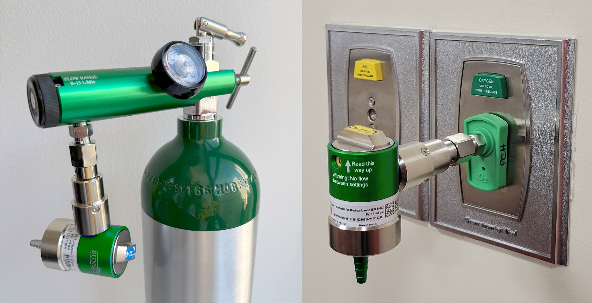 Microflow microdial installed on a regulator which is on an oxygen tank. Also seen is a Microflow Microdial installed onto a hospial oxygen wall outlet.