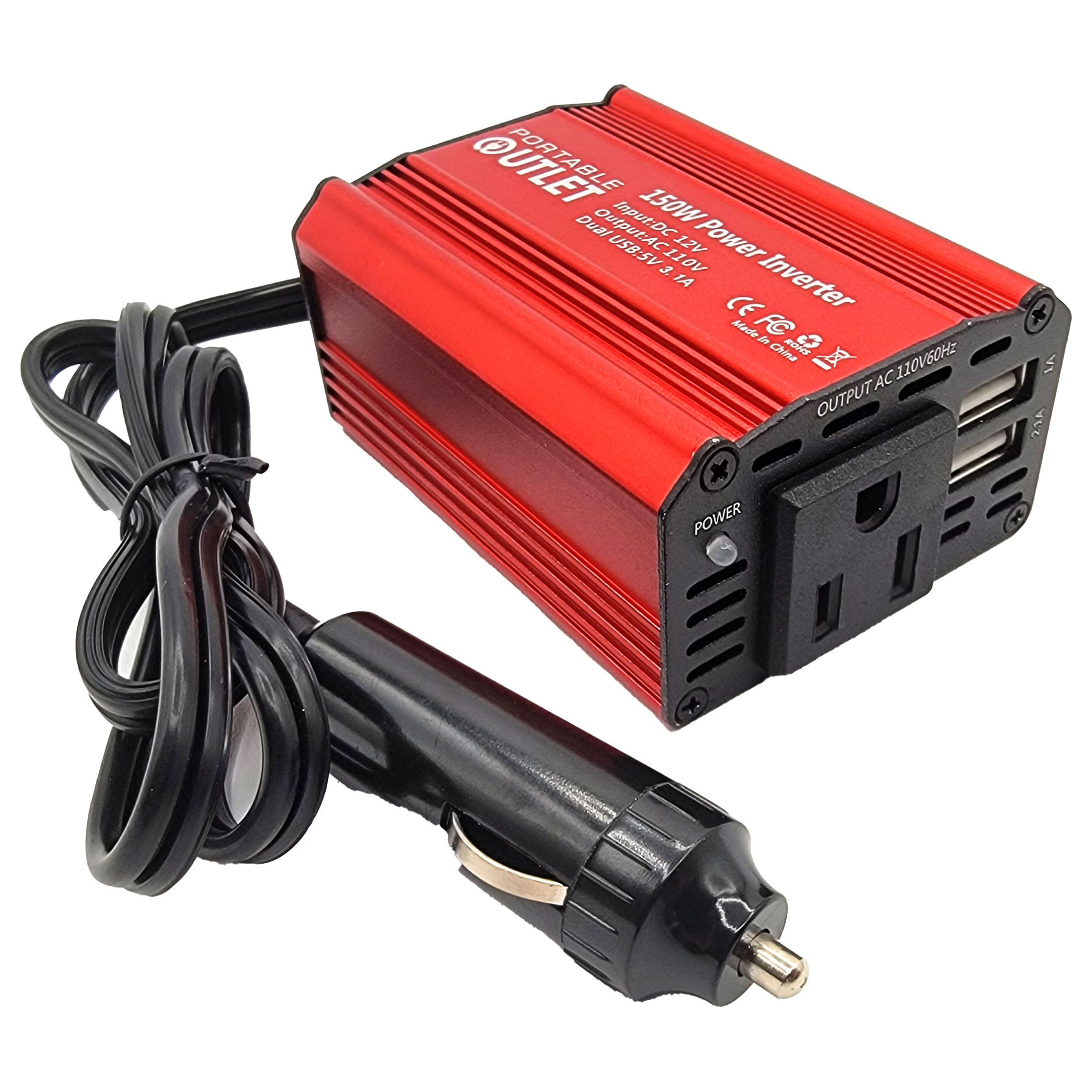 Photograph of red and black DC to AC car lighter adapter plugin power converter