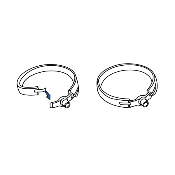 Black and white line diagram of RES029 one-piece trach ties demonstrating fastening procedure