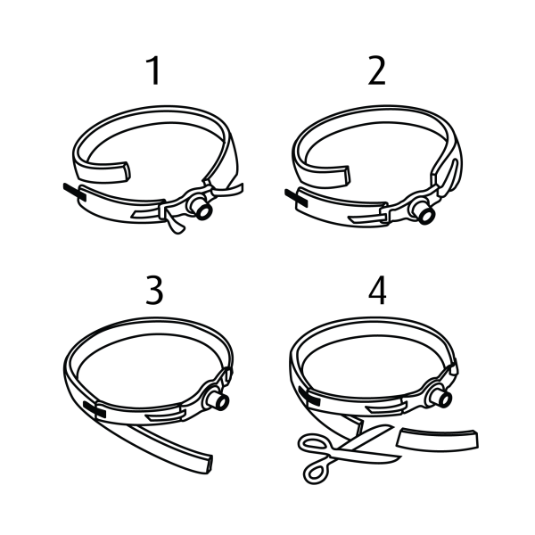 black and white illustration of the installation steps for RES030 Two Piece Trach Ties