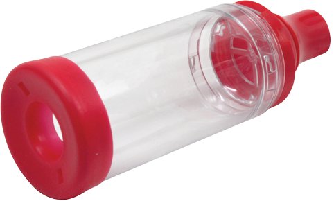 product photo - close-up of SperaChamber, a red and clear plastic canister with nozzle end