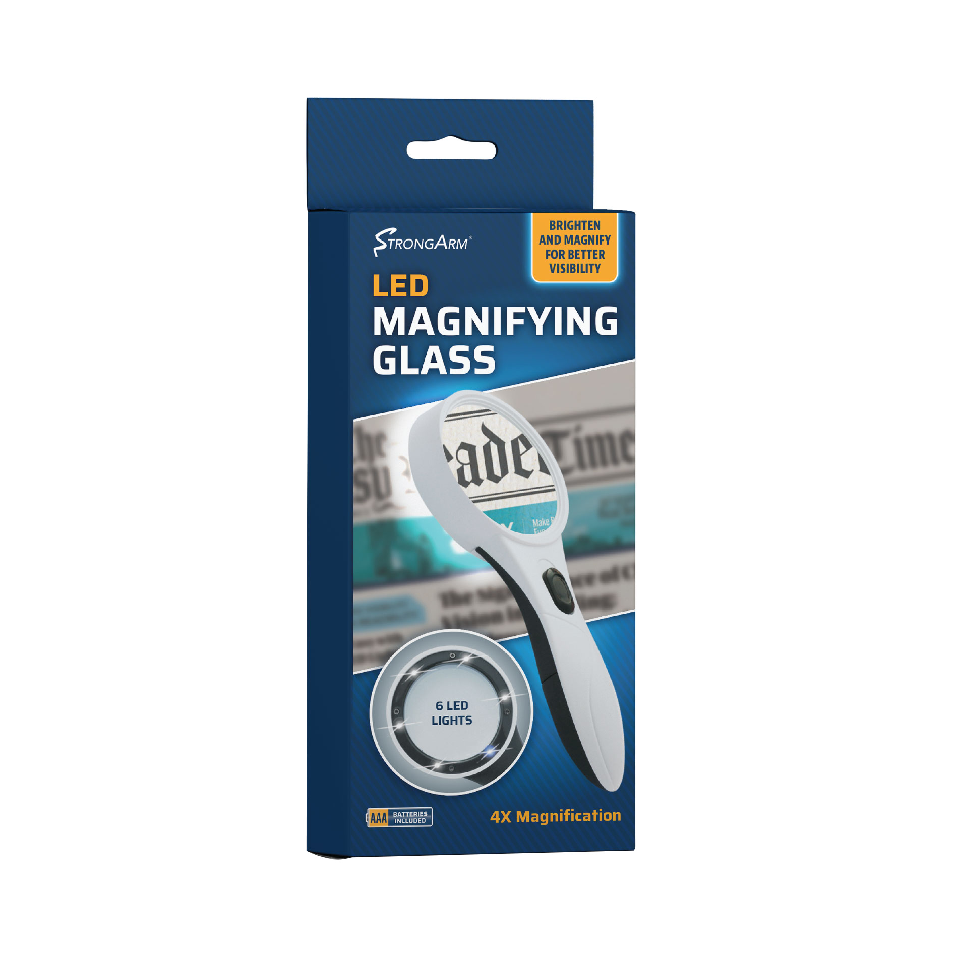 photograph of a retail box for a magnifying glass with a ring of LED lights