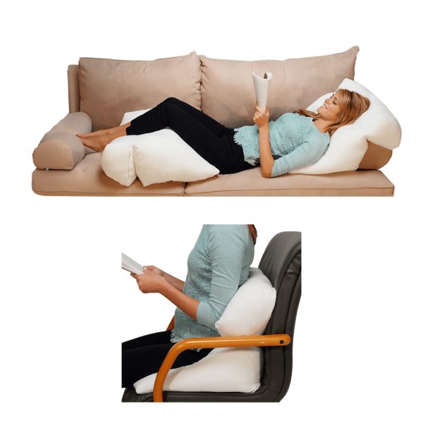 Photograph collage of a woman demonstrating using the CAP4006 Flip Pillow for head and knee support on a couch, and lumbar support in a chair