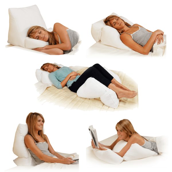 Collage of woman demonstrating the possible head and leg support using the CAP4006 Multipurpose Flip Pillow