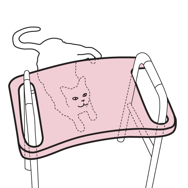 line diagram illustration of an acrylic tray fitting over the handles of an assistive walker. a drawing of a cat underneat the walker is obscured by the semi-transparent coloring of the acrylic tray, showing that the tray is see-through.