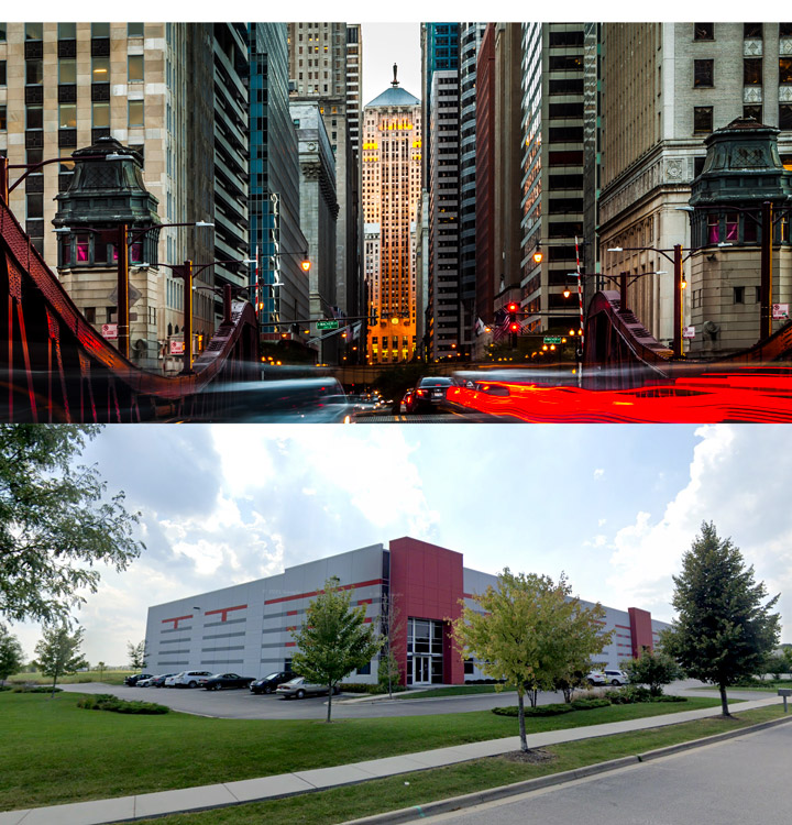 A photo of the Chicago board of trade building, as seen from looking down a street. A photo of the Sunset warehouse in Elgin.