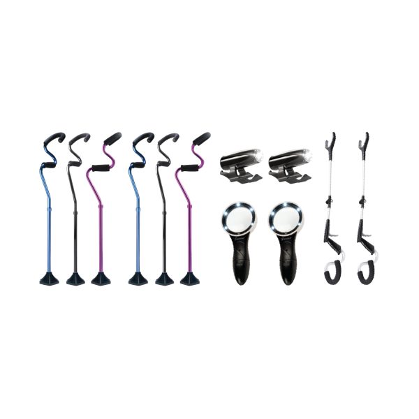 Photograph of StrongArm Retail Starter Kit - showing 2 Black Comfort canes, 2 Blue Comfort Canes, 2 Purple Comfort Canes, 2 Clip on LED lights, 2 LED Magnifiers, and 2 Reacher Grabbers