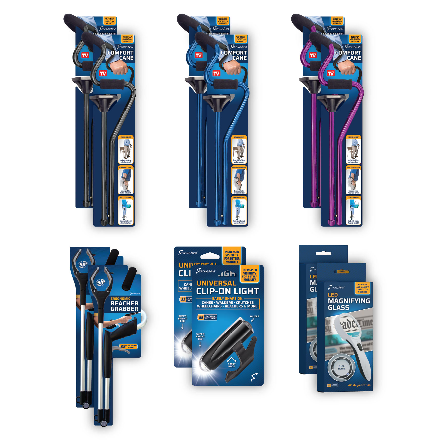 Photograph of 2 of each of the retail packaging of the components in The StrongArm Retail Starter Kit