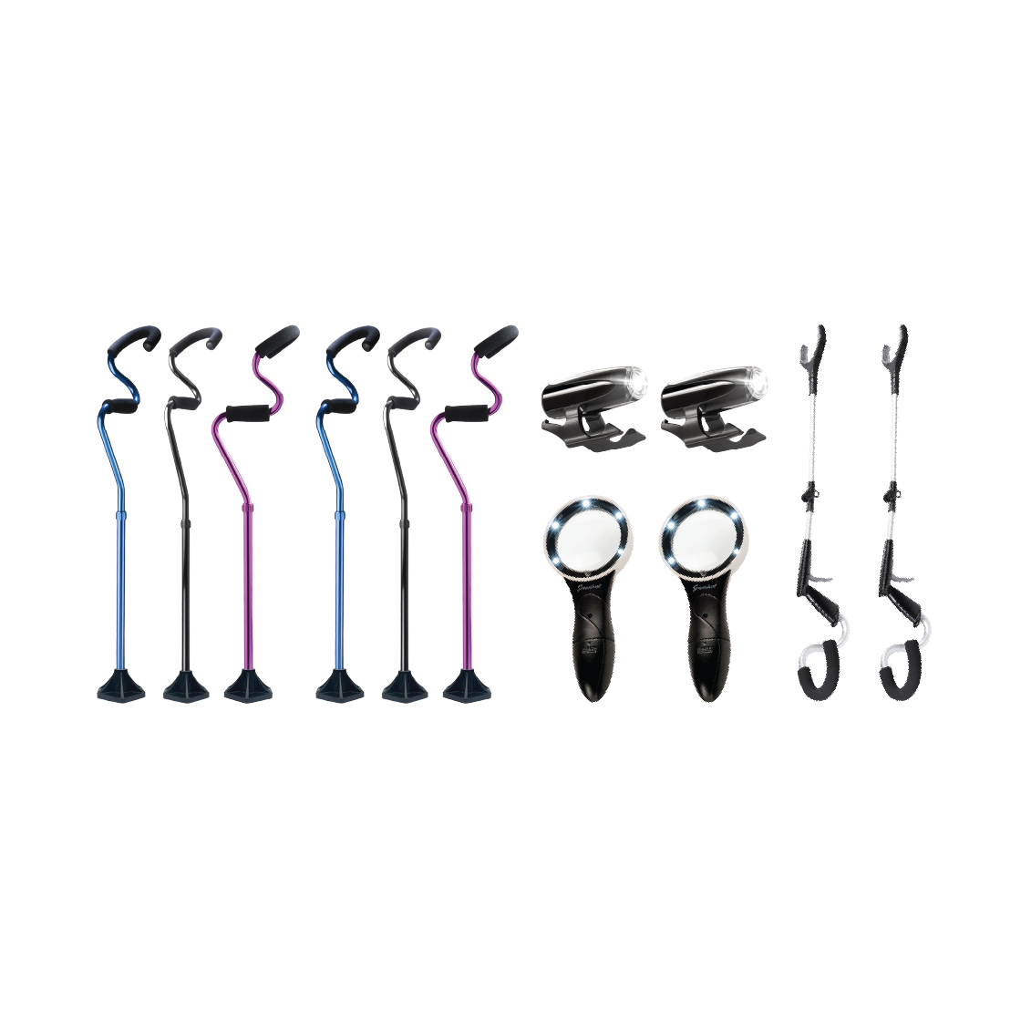 Photograph of StrongArm Retail Starter Kit - showing 2 Black Comfort canes, 2 Blue Comfort Canes, 2 Purple Comfort Canes, 2 Clip on LED lights, 2 LED Magnifiers, and 2 Reacher Grabbers