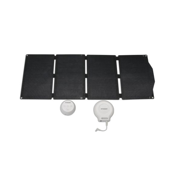 photograph of a 4-section folding solar panel charger shown with the transcend micro and micro charger