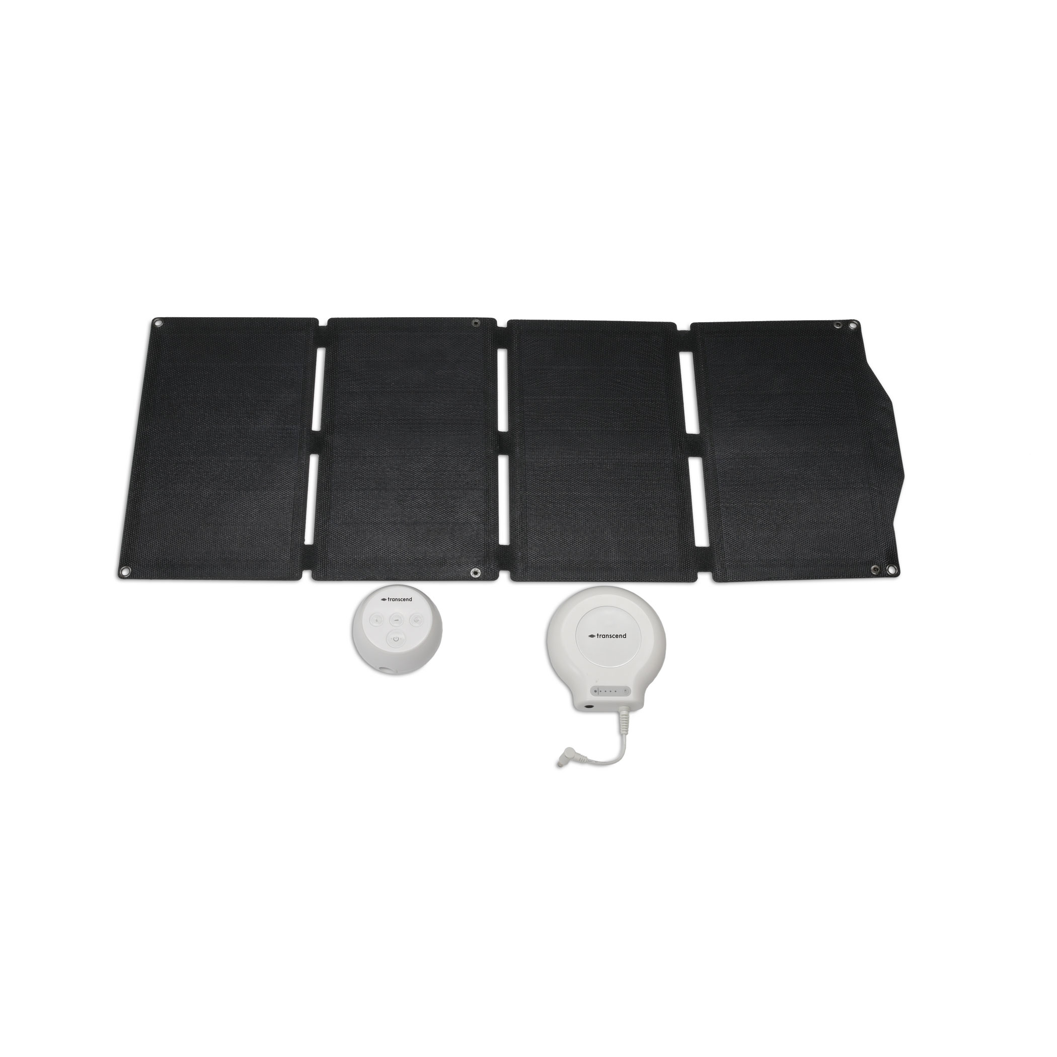 photograph of a 4-section folding solar panel charger shown with the transcend micro and micro charger