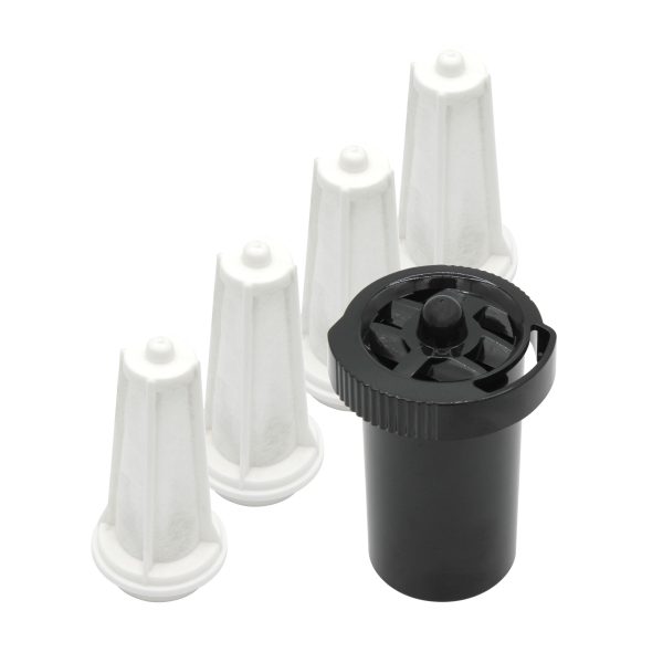 A photograph of 4 white ventilator filters next to a black ventilator filter housing