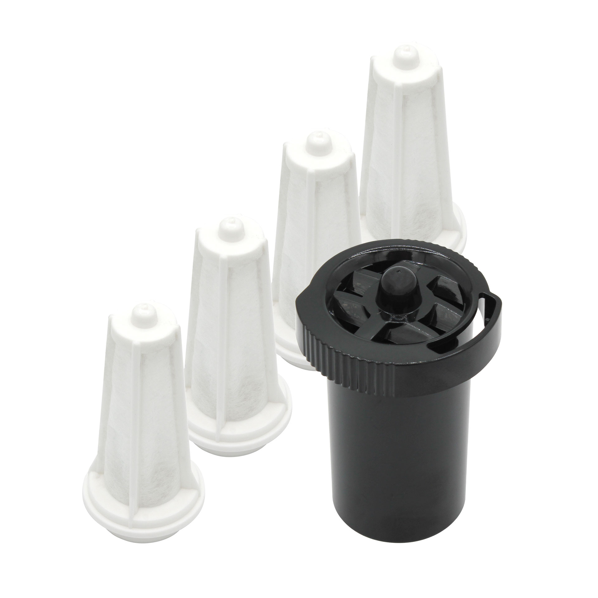 A photograph of 4 white ventilator filters next to a black ventilator filter housing