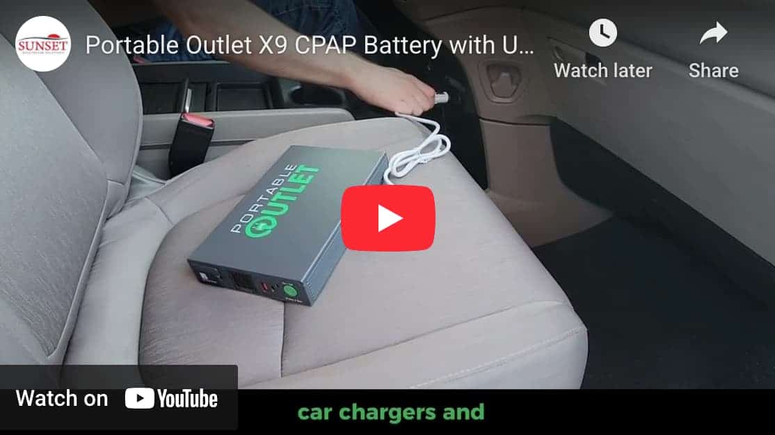 Thumbnail image of a youtube video player with text reading "Portable Outlet X9 CPAP Battery with U..." and "Watch on YouTube"